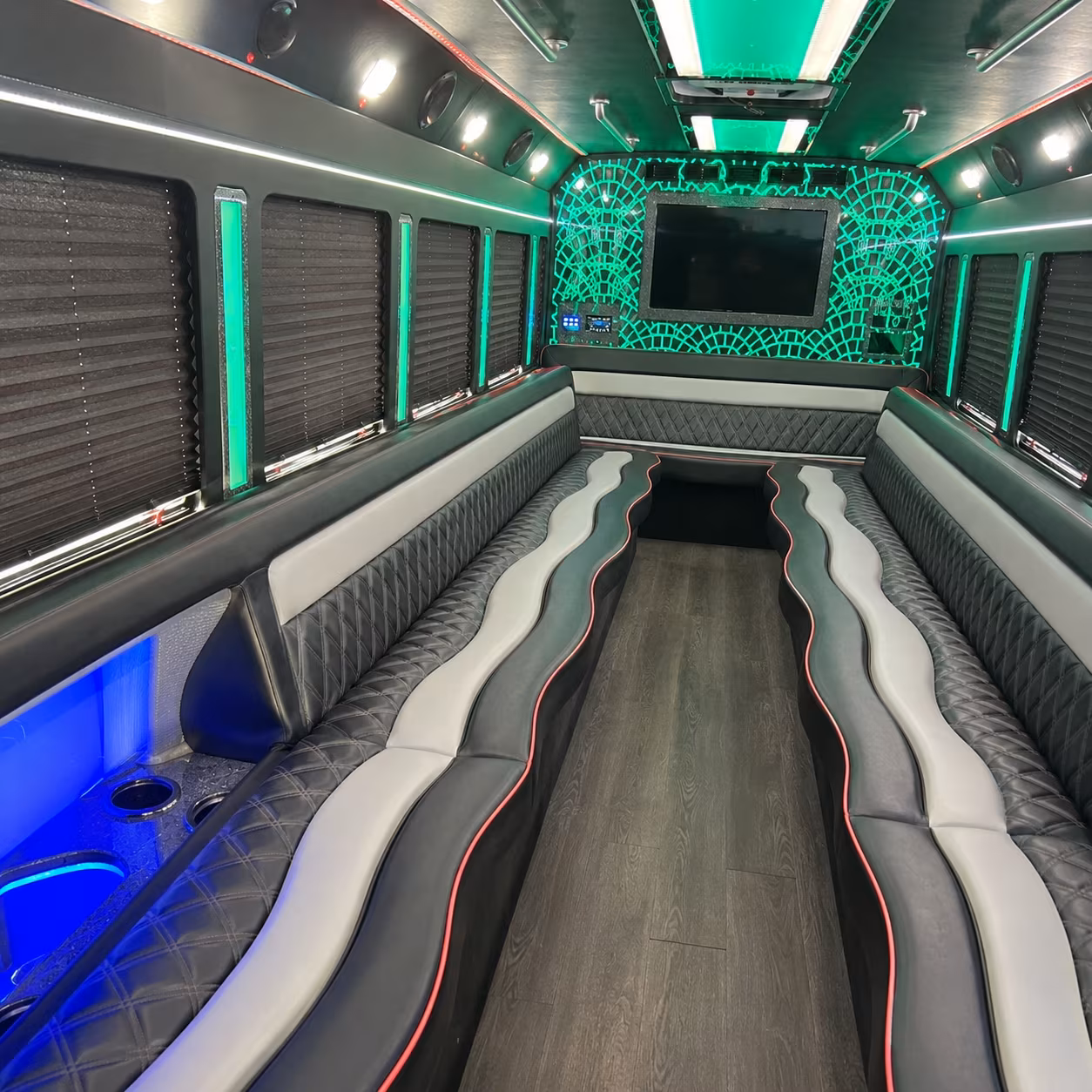 Interior of a party bus rental serving Denver